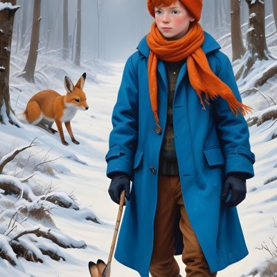 Digital Painting A Young Boy With Red Hair And Freckles Wearing A Blue Winter Coat Orange Hat And Scarf Walking Through A Snowy Forest With A Rabbit And Fox By His Side Bold And Slim Lines Brush Strokes 6 C9b6