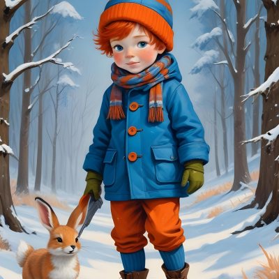 Digital Painting A Young Boy With Red Hair And Freckles Wearing A Blue Winter Coat Orange Hat And Scarf Walking Through A Snowy Forest With A Rabbit And Fox By His Side Bold And Slim Lines Brush Strokes 7 D50e