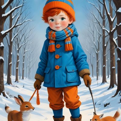 Digital Painting A Young Boy With Red Hair And Freckles Wearing A Blue Winter Coat Orange Hat And Scarf Walking Through A Snowy Forest With A Rabbit And Fox By His Side Bold And Slim Lines Brush Strokes 8 Ed10