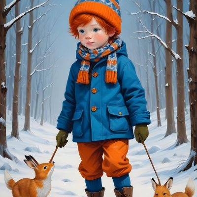 Digital Painting A Young Boy With Red Hair And Freckles Wearing A Blue Winter Coat Orange Hat And Scarf Walking Through A Snowy Forest With A Rabbit And Fox By His Side Bold And Slim Lines Brush Strokes 9 337e