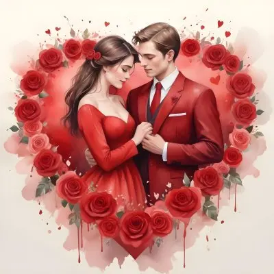 Digital Painting A Young Caucasian Couple In Formal Red