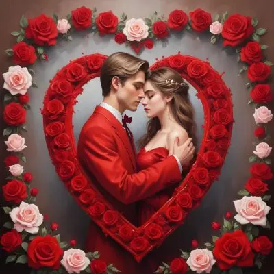 Digital Painting A Young Caucasian Couple In Formal Red Attire Embracing Each Other In A Heart Shaped Frame Surrounded By Roses And Hearts Bold And Slim Lines Brush Strokes 4 Db1e