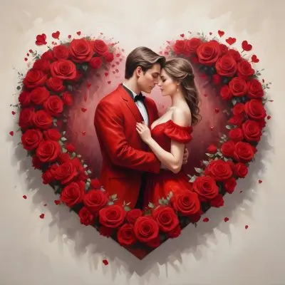 Digital Painting A Young Caucasian Couple In Formal Red Attire Embracing Each Other In A Heart Shaped Frame Surrounded By Roses And Hearts Bold And Slim Lines Brush Strokes 5 09fc