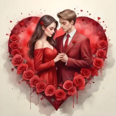 Digital Painting A Young Caucasian Couple In Formal Red Attire Embracing Each Other In A Heart Shaped Frame Surrounded By Roses And Hearts Bold And Slim Lines Brush Strokes 6 8715