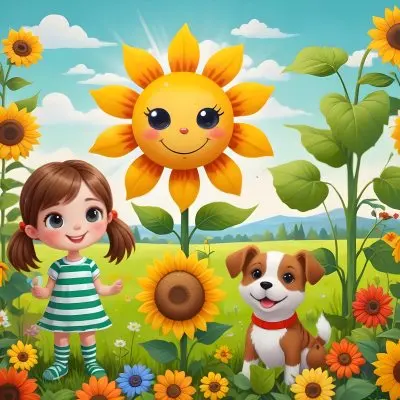 Digital Painting A Young Girl With Brown Hair And Pigtails Wearing A Green Dress And Striped Socks Stands In A Colorful Garden She Is Surrounded By Cheerful Flowers Including A Large Smiling Sunflower And A Small 3afa