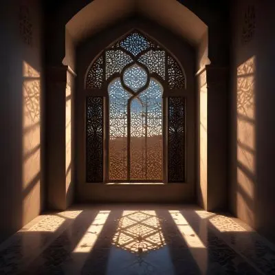 Digital Painting An Arabic Window With Geometric Patterns And Light Coming Through It Casting Shadows On The Floor In A Dark Room With Textured Walls Bold And Slim Lines Brush Strokes 13 B20f