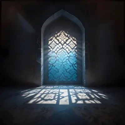 Digital Painting An Arabic Window With Geometric Patterns And Light Coming Through It Casting Shadows On The Floor In A Dark Room With Textured Walls Bold And Slim Lines Brush Strokes 16 53d0