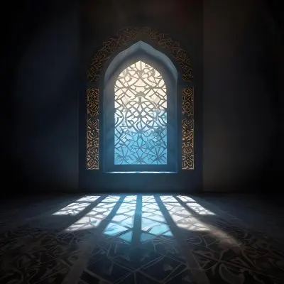 Digital Painting An Arabic Window With Geometric Patterns And Light Coming Through It Casting Shadows On The Floor In A Dark Room With Textured Walls Bold And Slim Lines Brush Strokes 17 1402