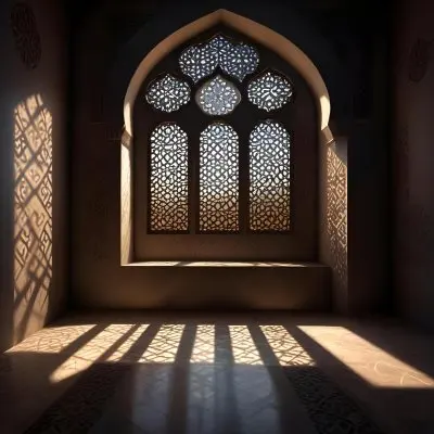 Digital Painting An Arabic Window With Geometric Patterns And Light Coming Through It Casting Shadows On The Floor In A Dark Room With Textured Walls Bold And Slim Lines Brush Strokes 19 Fde0