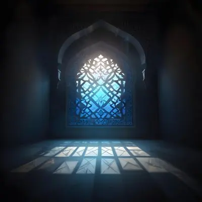 Digital Painting An Arabic Window With Geometric Patterns And Light Coming Through It Casting Shadows On The Floor In A Dark Room With Textured Walls Bold And Slim Lines Brush Strokes 20 673b