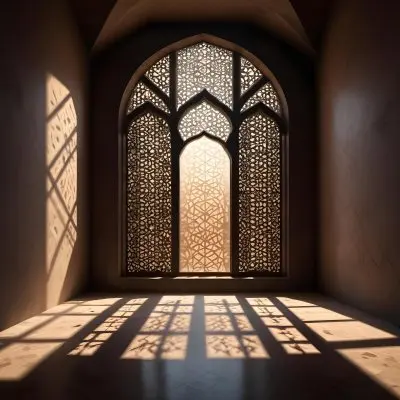 Digital Painting An Arabic Window With Geometric Patterns And Light Coming Through It Casting Shadows On The Floor In A Dark Room With Textured Walls Bold And Slim Lines Brush Strokes 23 8990