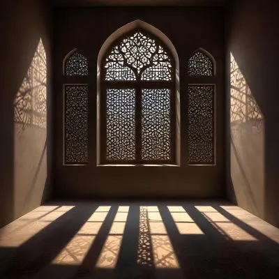 Digital Painting An Arabic Window With Geometric Patterns And Light Coming Through It Casting Shadows On The Floor In A Dark Room With Textured Walls Bold And Slim Lines Brush Strokes 25 E203