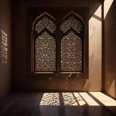 Digital Painting An Arabic Window With Geometric Patterns And Light Coming Through It Casting Shadows On The Floor In A Dark Room With Textured Walls Bold And Slim Lines Brush Strokes 26 3538