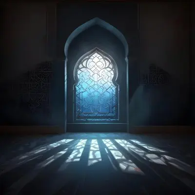 Digital Painting An Arabic Window With Geometric Patterns And Light Coming Through It Casting Shadows On The Floor In A Dark Room With Textured Walls Bold And Slim Lines Brush Strokes 27 3428