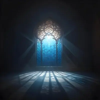 Digital Painting An Arabic Window With Geometric Patterns And Light Coming Through It Casting Shadows On The Floor In A Dark Room With Textured Walls Bold And Slim Lines Brush Strokes 35 Bcd1