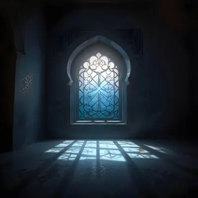 Digital Painting An Arabic Window With Geometric Patterns And Light Coming Through It Casting Shadows On The Floor In A Dark Room With Textured Walls Bold And Slim Lines Brush Strokes 8 0093