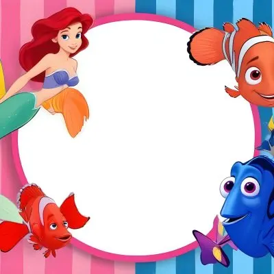 Digital Painting Ariel Flounder Sebastian Nemo And Dory In A Frame With A Pink And Blue Striped Background Bold And Slim Lines Brush Strokes 4 F6ee