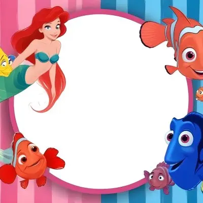 Digital Painting Ariel Flounder Sebastian Nemo And Dory In A Frame With A Pink And Blue Striped Background Bold And Slim Lines Brush Strokes 5 2e32