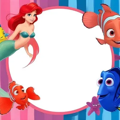 Digital Painting Ariel Flounder Sebastian Nemo And Dory In A Frame With A Pink And Blue Striped Background Bold And Slim Lines Brush Strokes 6 56ab