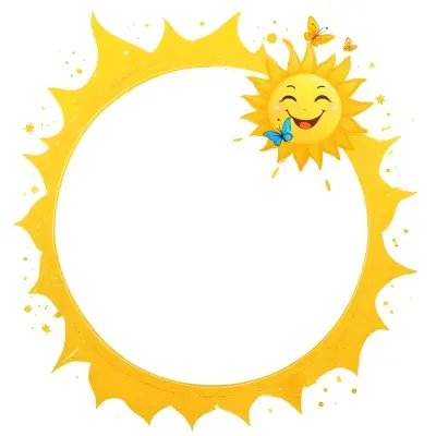 Digital Painting Cartoon Sun With A Happy Face And A Butterfly Yellow Frame With Sun Spikes Yellow Background With Some Glitters Bold And Slim Lines Brush Strokes 35 97e8