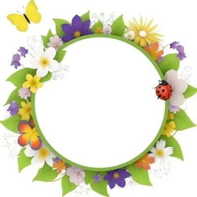 Digital Painting Circle Frame With Green Border Decorated With Flowers Leaves A Butterfly A Ladybug And A Sun In A White Background Bold And Slim Lines Brush Strokes 12 4273