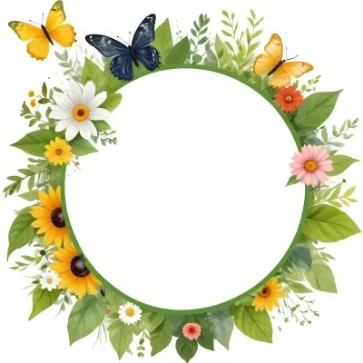 Digital Painting Circle Frame With Green Border Decorated With Flowers Leaves A Butterfly A Ladybug And A Sun In A White Background Bold And Slim Lines Brush Strokes 13 0898