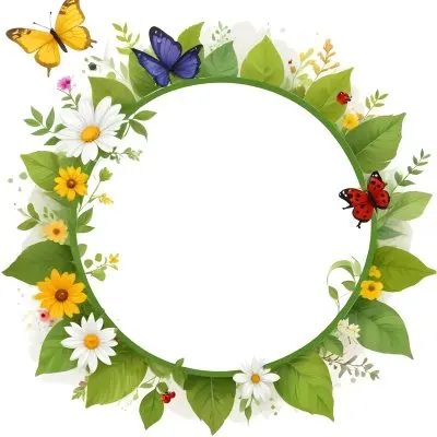 Digital Painting Circle Frame With Green Border Decorated With Flowers Leaves A Butterfly A Ladybug And A Sun In A White Background Bold And Slim Lines Brush Strokes 15 58c4