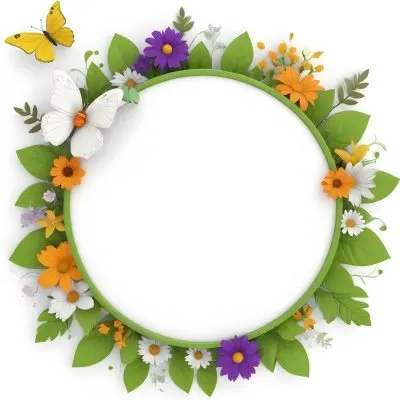 Digital Painting Circle Frame With Green Border Decorated With Flowers Leaves A Butterfly A Ladybug And A Sun In A White Background Bold And Slim Lines Brush Strokes 16 3035
