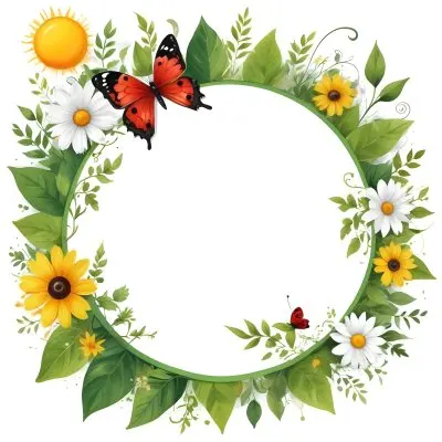 Digital Painting Circle Frame With Green Border Decorated With Flowers Leaves A Butterfly A Ladybug And A Sun In A White Background Bold And Slim Lines Brush Strokes 17 3c81