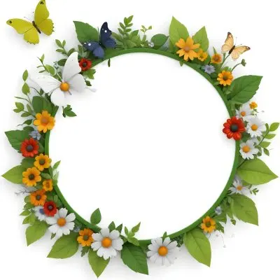 Digital Painting Circle Frame With Green Border Decorated With Flowers Leaves A Butterfly A Ladybug And A Sun In A White Background Bold And Slim Lines Brush Strokes 2 0482