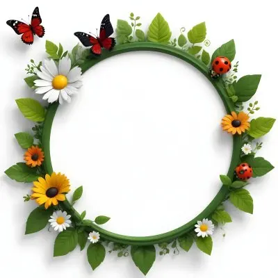 Digital Painting Circle Frame With Green Border Decorated With Flowers Leaves A Butterfly A Ladybug And A Sun In A White Background Bold And Slim Lines Brush Strokes 20 Fd00