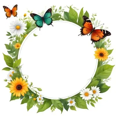 Digital Painting Circle Frame With Green Border Decorated With Flowers Leaves A Butterfly A Ladybug And A Sun In A White Background Bold And Slim Lines Brush Strokes 21 F18e