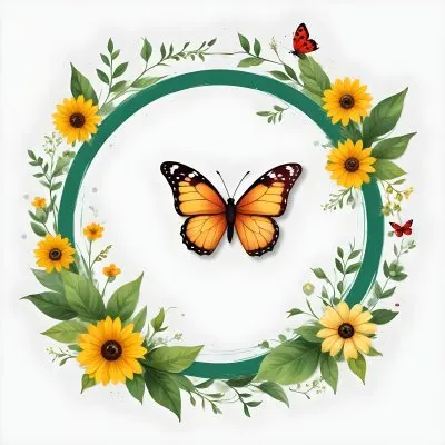 Digital Painting Circle Frame With Green Border Decorated With Flowers Leaves A Butterfly A Ladybug And A Sun In A White Background Bold And Slim Lines Brush Strokes 23 49c5