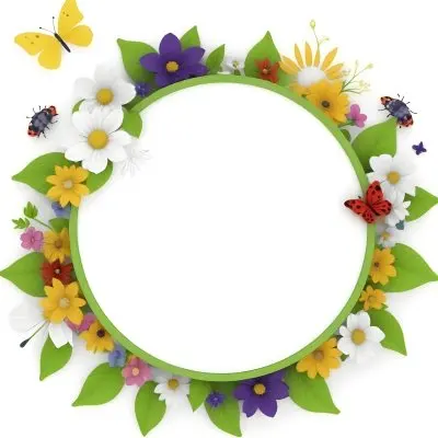 Digital Painting Circle Frame With Green Border Decorated With Flowers Leaves A Butterfly A Ladybug And A Sun In A White Background Bold And Slim Lines Brush Strokes 24 72cb