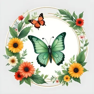 Digital Painting Circle Frame With Green Border Decorated With Flowers Leaves A Butterfly A Ladybug And A Sun In A White Background Bold And Slim Lines Brush Strokes 25 7944