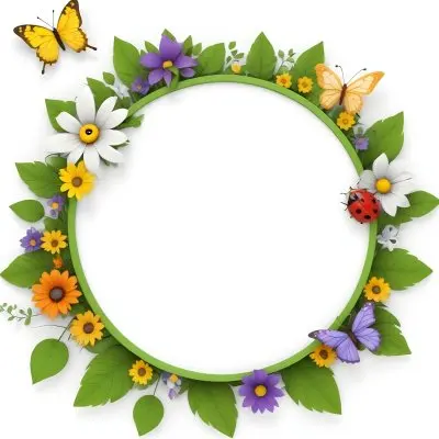 Digital Painting Circle Frame With Green Border Decorated With Flowers Leaves A Butterfly A Ladybug And A Sun In A White Background Bold And Slim Lines Brush Strokes 26 709f