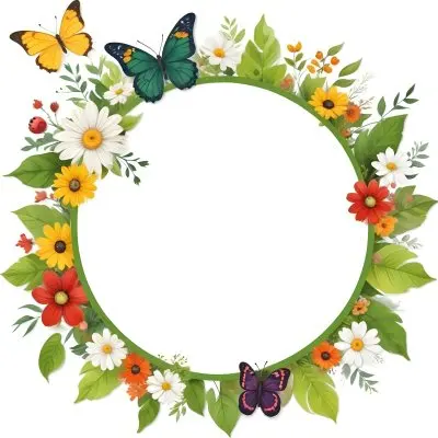 Digital Painting Circle Frame With Green Border Decorated With Flowers Leaves A Butterfly A Ladybug And A Sun In A White Background Bold And Slim Lines Brush Strokes 27 0151