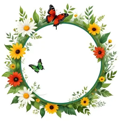 Digital Painting Circle Frame With Green Border Decorated With Flowers Leaves A Butterfly A Ladybug And A Sun In A White Background Bold And Slim Lines Brush Strokes 29 D384