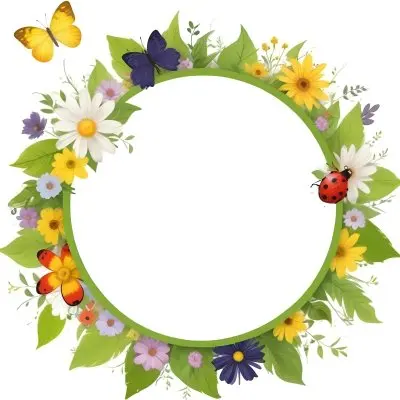 Digital Painting Circle Frame With Green Border Decorated With Flowers Leaves A Butterfly A Ladybug And A Sun In A White Background Bold And Slim Lines Brush Strokes 3 E5f5