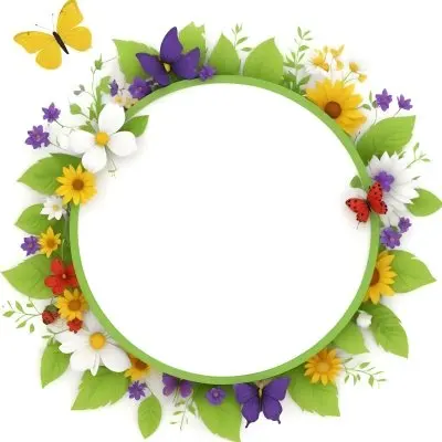 Digital Painting Circle Frame With Green Border Decorated With Flowers Leaves A Butterfly A Ladybug And A Sun In A White Background Bold And Slim Lines Brush Strokes 30 69c5