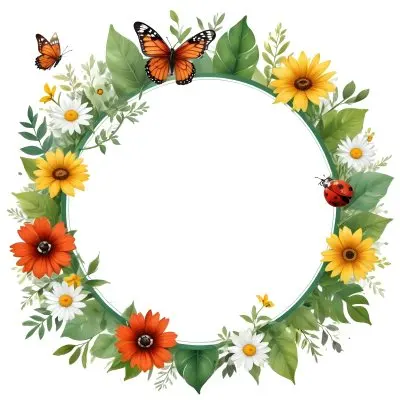 Digital Painting Circle Frame With Green Border Decorated With Flowers Leaves A Butterfly A Ladybug And A Sun In A White Background Bold And Slim Lines Brush Strokes 31 31ae