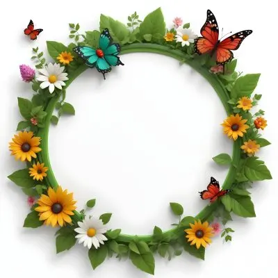 Digital Painting Circle Frame With Green Border Decorated With Flowers Leaves A Butterfly A Ladybug And A Sun In A White Background Bold And Slim Lines Brush Strokes 32 Edf8