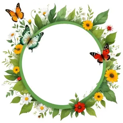 Digital Painting Circle Frame With Green Border Decorated With Flowers Leaves A Butterfly A Ladybug And A Sun In A White Background Bold And Slim Lines Brush Strokes 33 38be