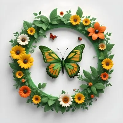 Digital Painting Circle Frame With Green Border Decorated With Flowers Leaves A Butterfly A Ladybug And A Sun In A White Background Bold And Slim Lines Brush Strokes 34 916d