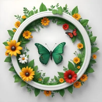 Digital Painting Circle Frame With Green Border Decorated With Flowers Leaves A Butterfly A Ladybug And A Sun In A White Background Bold And Slim Lines Brush Strokes 35 0799