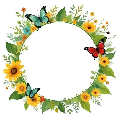 Digital Painting Circle Frame With Green Border Decorated With Flowers Leaves A Butterfly A Ladybug And A Sun In A White Background Bold And Slim Lines Brush Strokes 36 9612