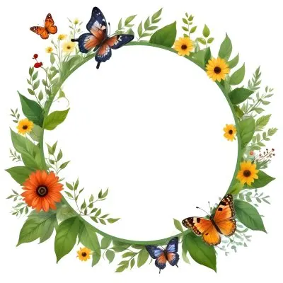 Digital Painting Circle Frame With Green Border Decorated With Flowers Leaves A Butterfly A Ladybug And A Sun In A White Background Bold And Slim Lines Brush Strokes 38 7c3a