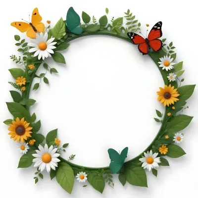 Digital Painting Circle Frame With Green Border Decorated With Flowers Leaves A Butterfly A Ladybug And A Sun In A White Background Bold And Slim Lines Brush Strokes 39 0b46