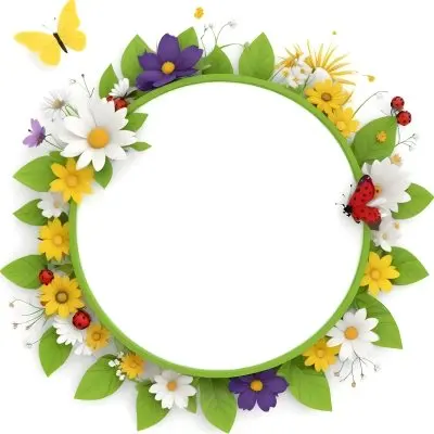 Digital Painting Circle Frame With Green Border Decorated With Flowers Leaves A Butterfly A Ladybug And A Sun In A White Background Bold And Slim Lines Brush Strokes 4 4efd