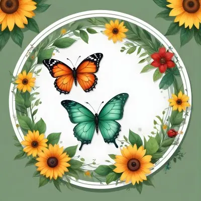 Digital Painting Circle Frame With Green Border Decorated With Flowers Leaves A Butterfly A Ladybug And A Sun In A White Background Bold And Slim Lines Brush Strokes 40 D2e5